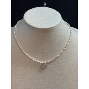 Vintage Napier Faux Pearl Necklace Heart Rhinestone Pendant 16“